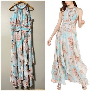 Calvin Klein Floral Maxi Long Flowy Beaded Neck Halter Party Wedding Dress Sz 12